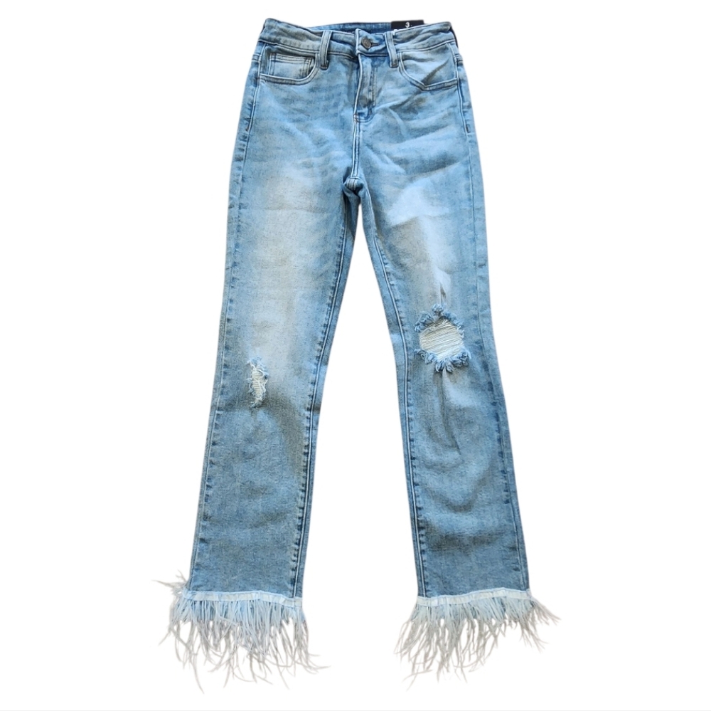 Women's Blue Distressed Jeans with Fringe Hem
